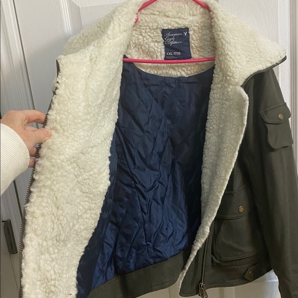 American Eagle Women’s Olive Moto Wool Bomber Jacket Faux Fleece Trim Size XXL - Picture 2 of 9